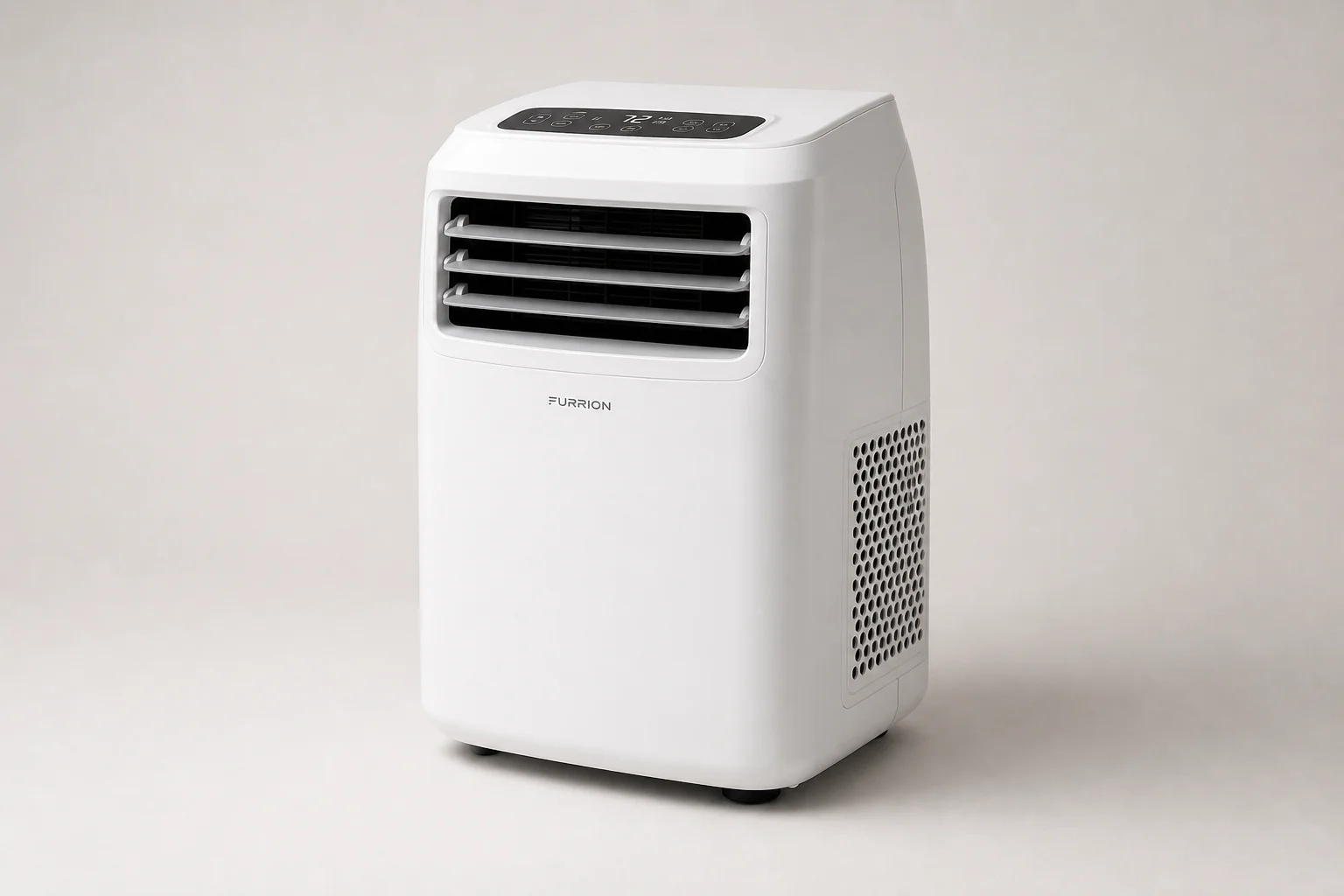 Six portable air conditioning units arranged on neutral backdrop