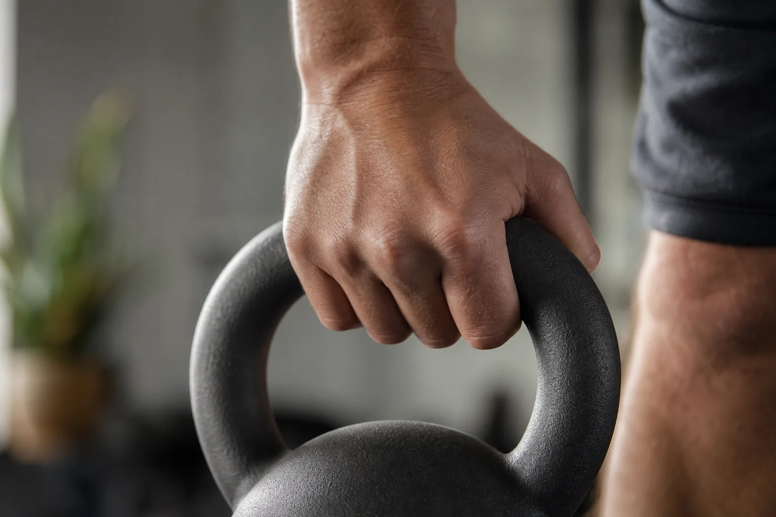 Close-up of a kettlebell handle being gripped during a training session