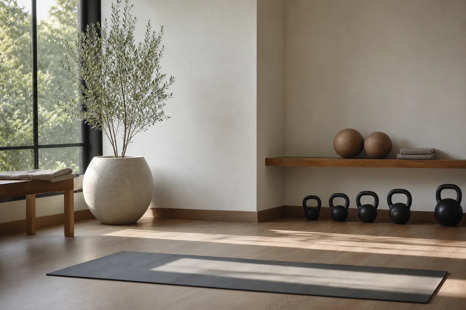 Home gym setup with kettlebells on a wooden floor