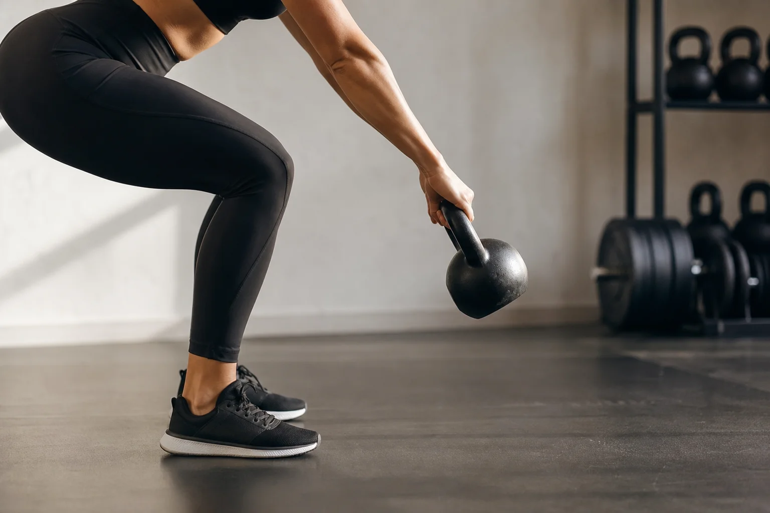 Kettlebell being used for a training movement in a gym setting