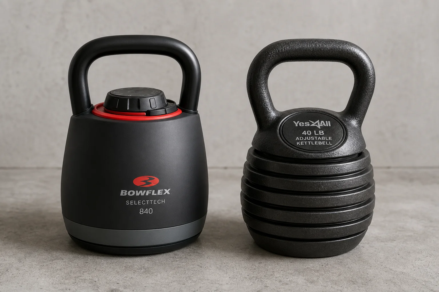 Bowflex SelectTech 840 and Yes4All adjustable kettlebells on concrete surface