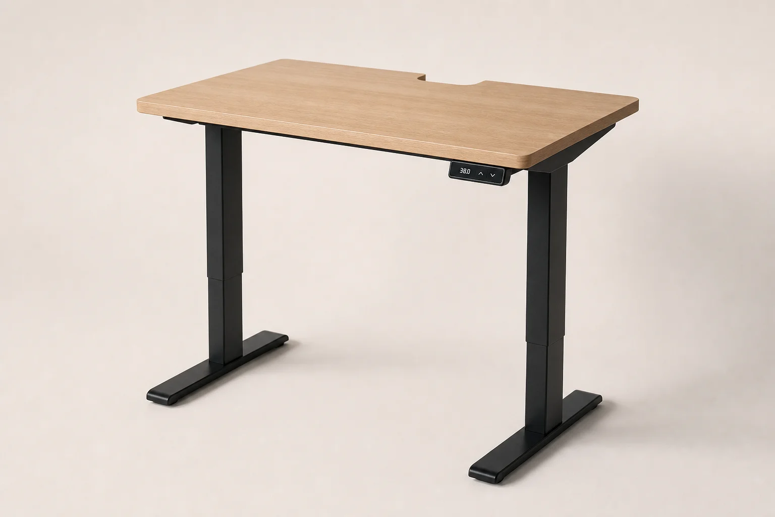 Five standing desks of varying styles and sizes arranged on neutral background