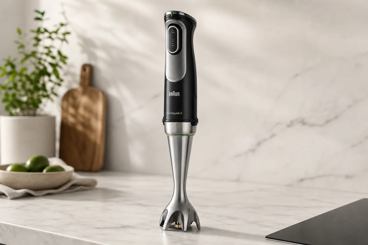 放置於中性色調廚房檯面上的 Braun MultiQuick 9 手持攪拌棒