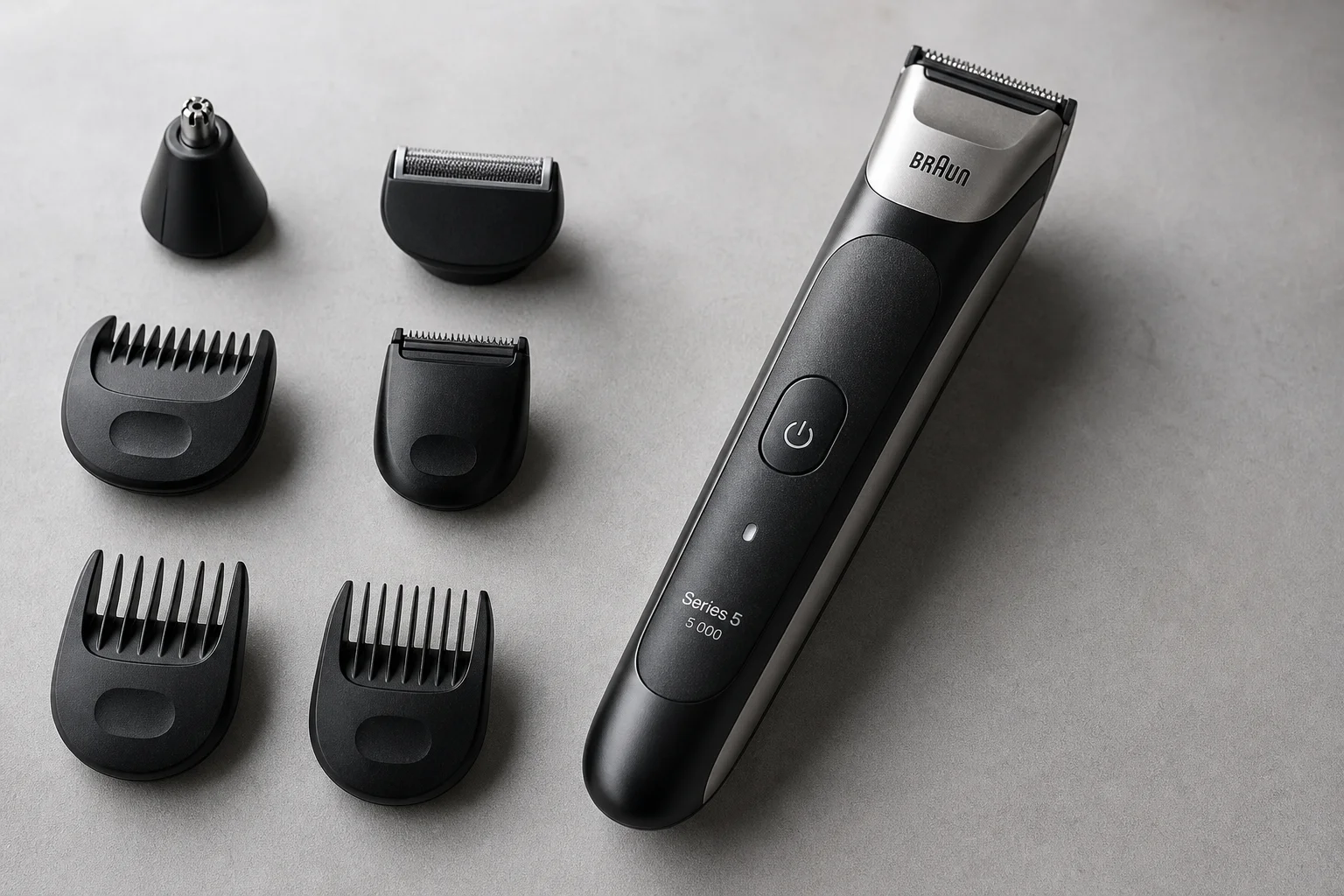 Six pubic hair trimmers arranged on grey surface showing various designs and attachments