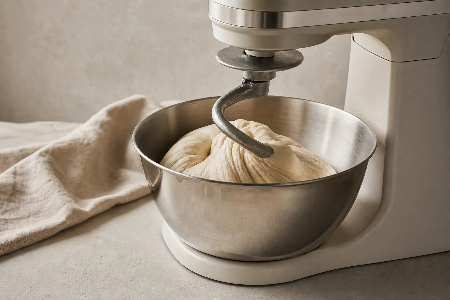 Stand mixer with dough hook attachment mixing bread dough