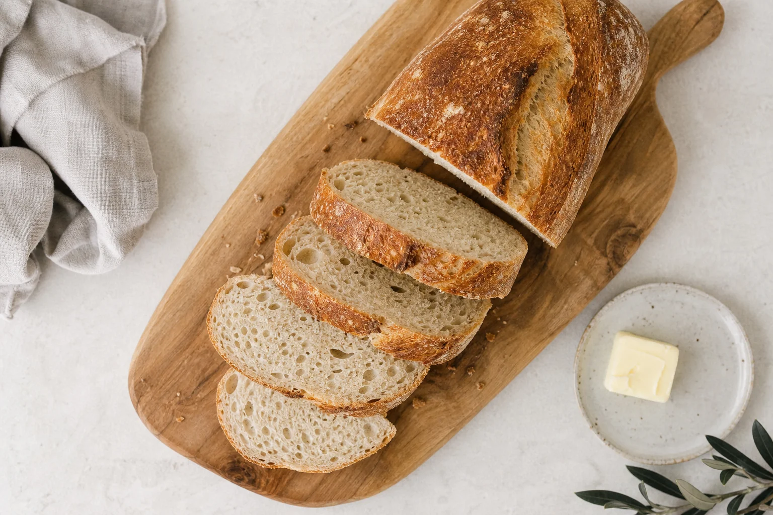 Golden-brown sliced bread on a wooden cutting board with butter
