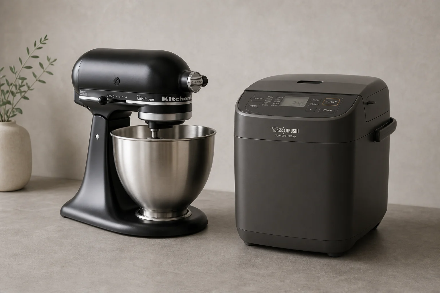 KitchenAid Classic Plus stand mixer and Zojirushi Supreme bread machine on concrete surface