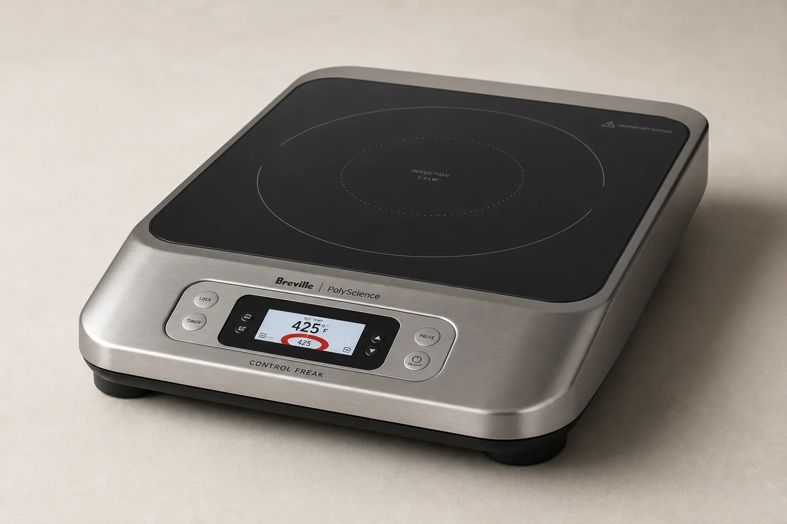 Modern induction cooktop with black glass surface and stainless steel cookware