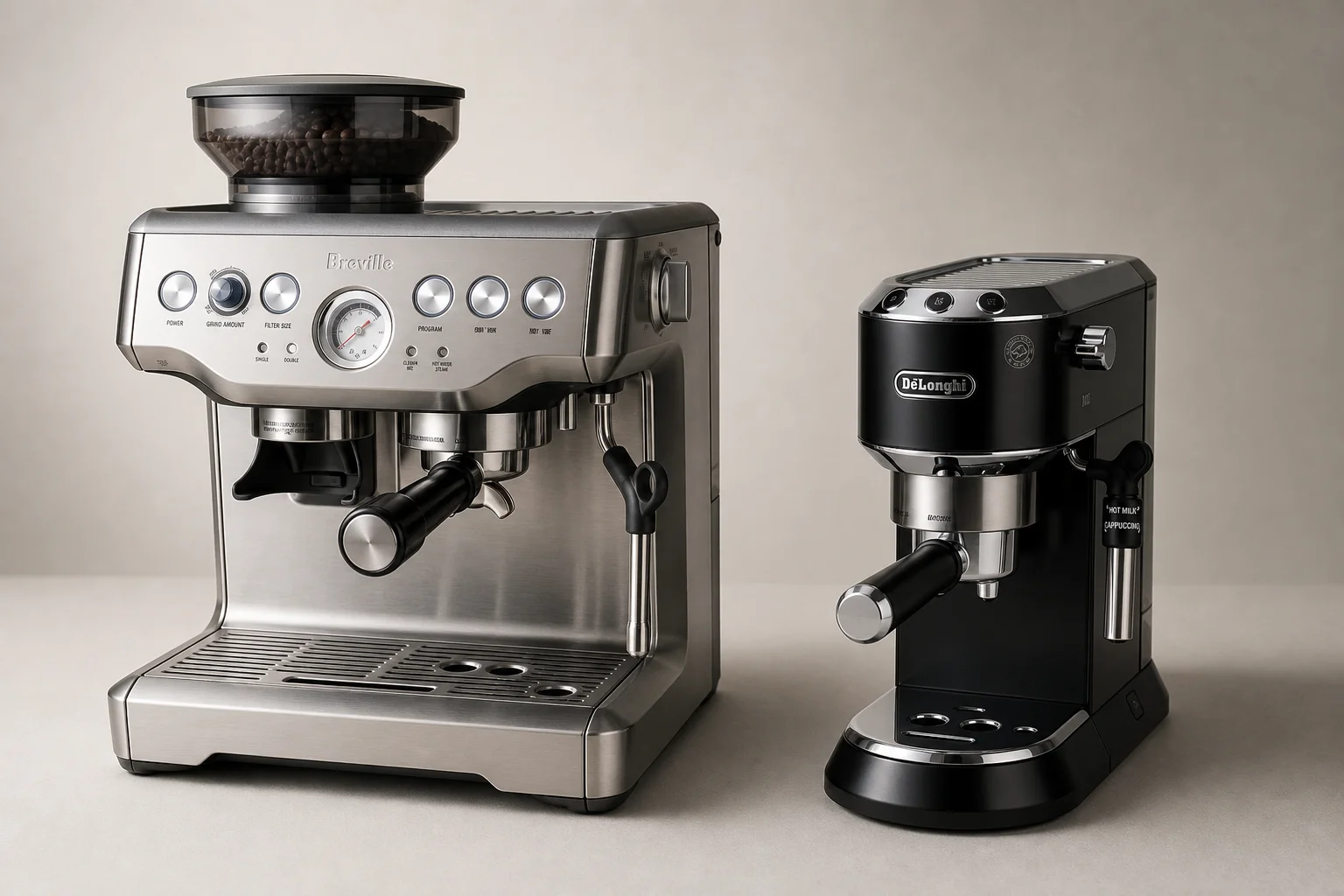 Breville 與 De'Longhi 咖啡機並排展示，呈現出截然不同的設計風格