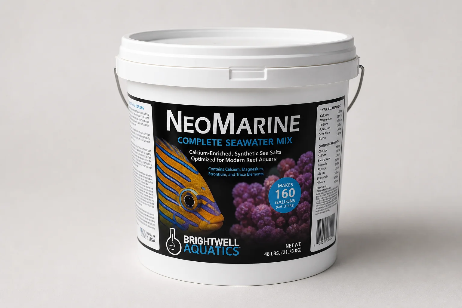 Collection of five different colored saltwater mix buckets on neutral surface