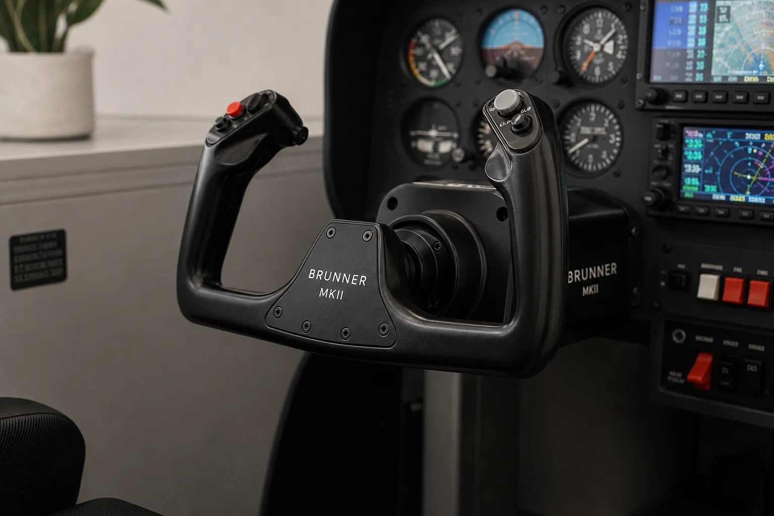 Professional home flight simulator cockpit with yoke, avionics, throttle controls, and triple monitors