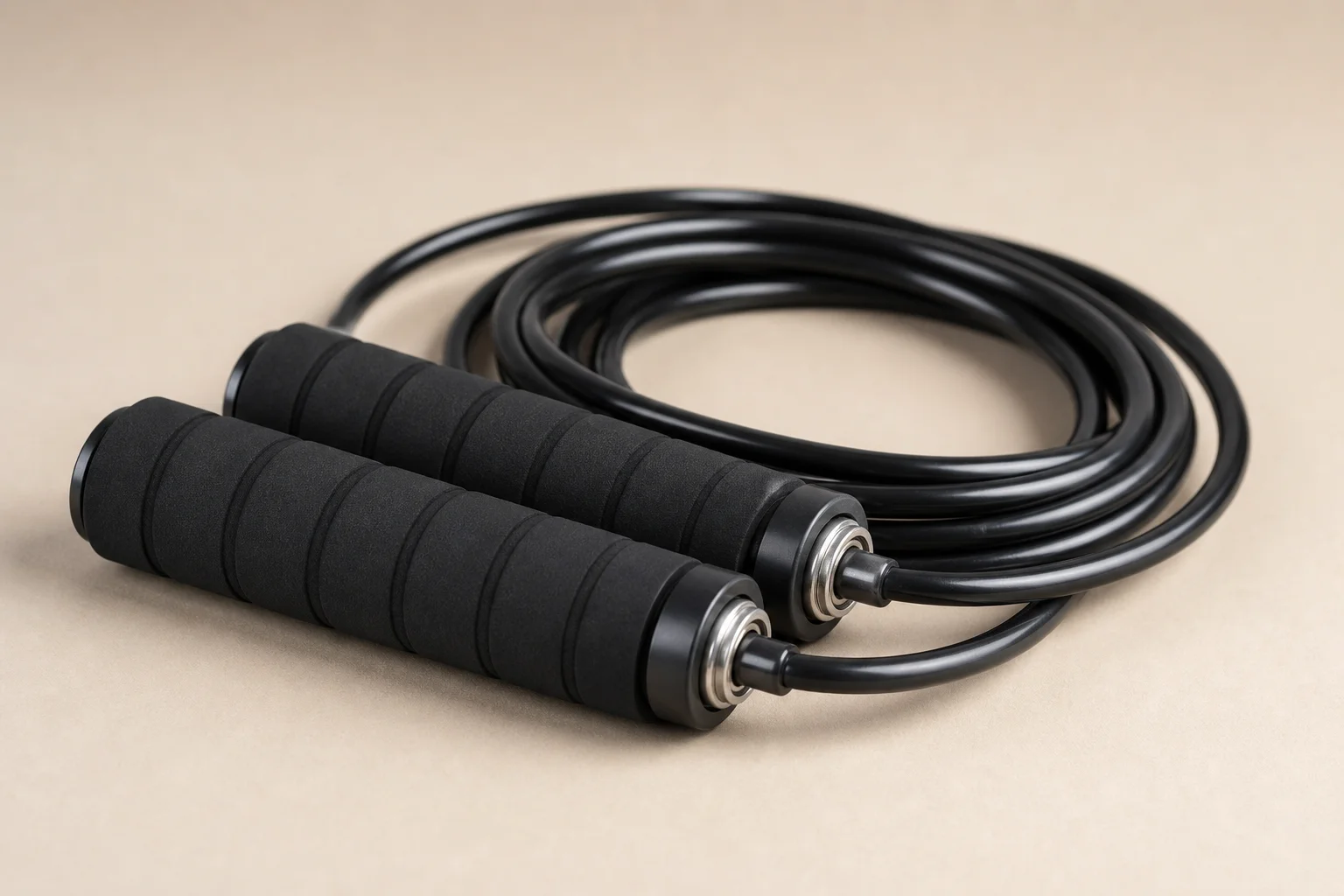 Five skipping ropes arranged on concrete surface showing different handle and cable styles