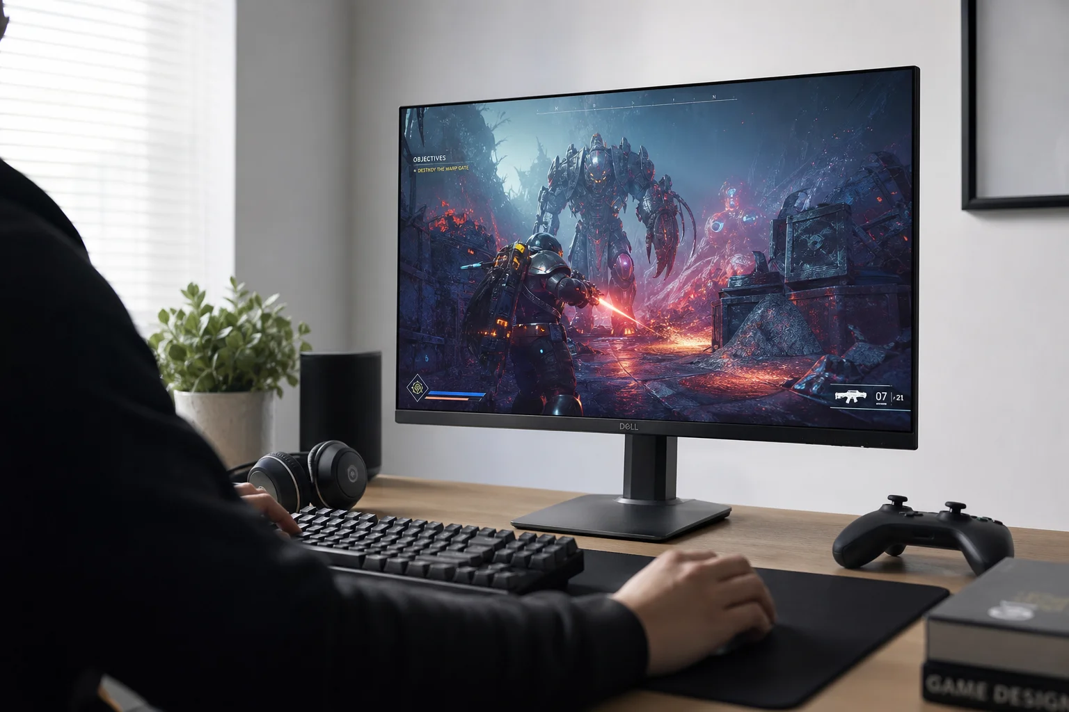Gamer using keyboard and mouse at desk with monitor displaying game scene