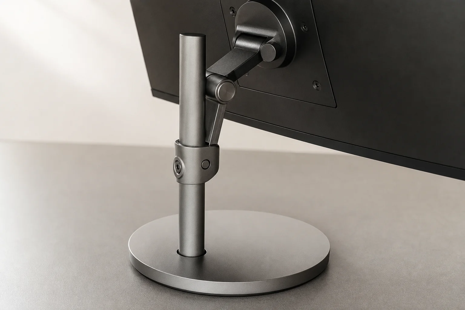 Monitor stand and base showing minimal design and tilt adjustment mechanism