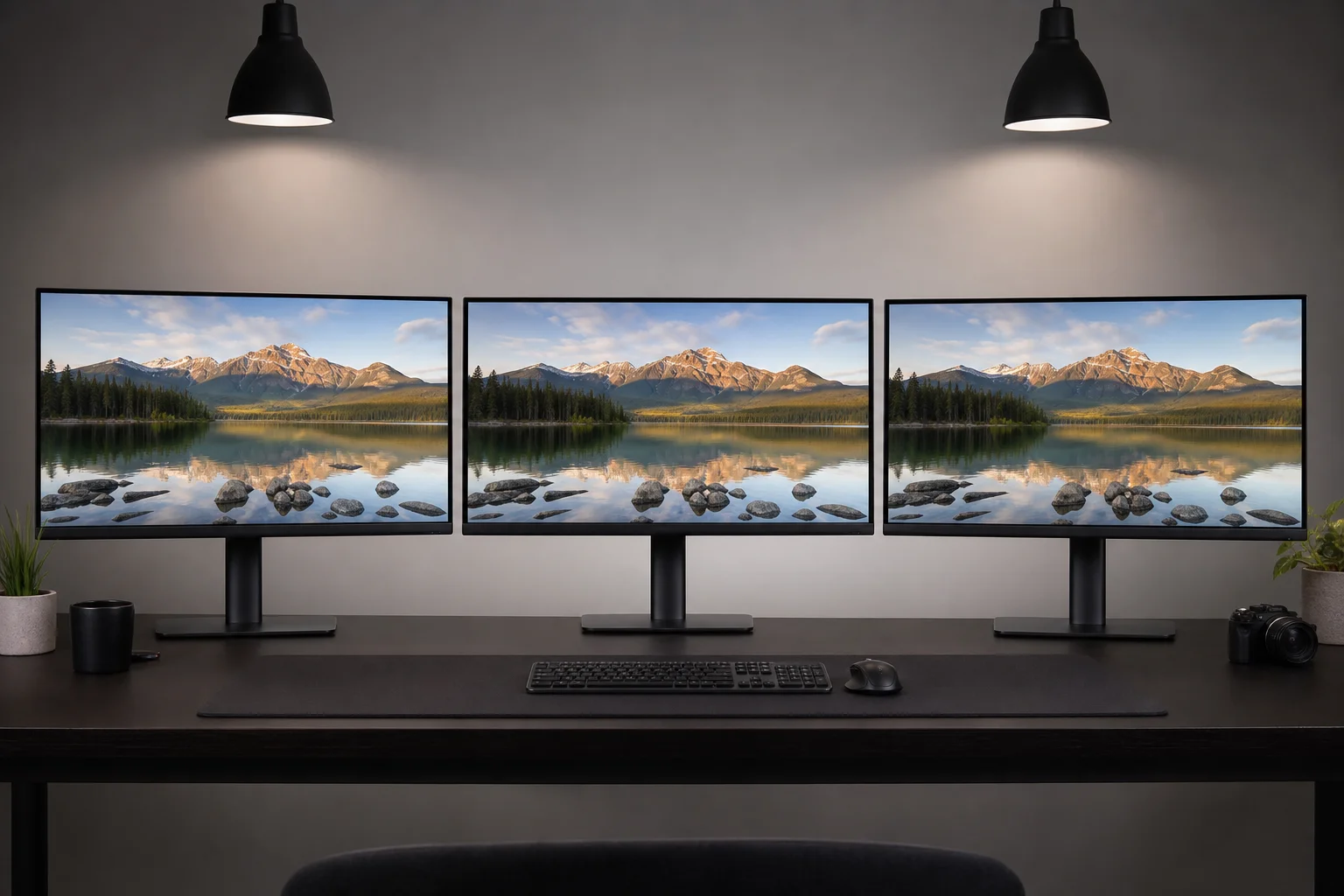 Three monitors side by side displaying identical test image for visual comparison