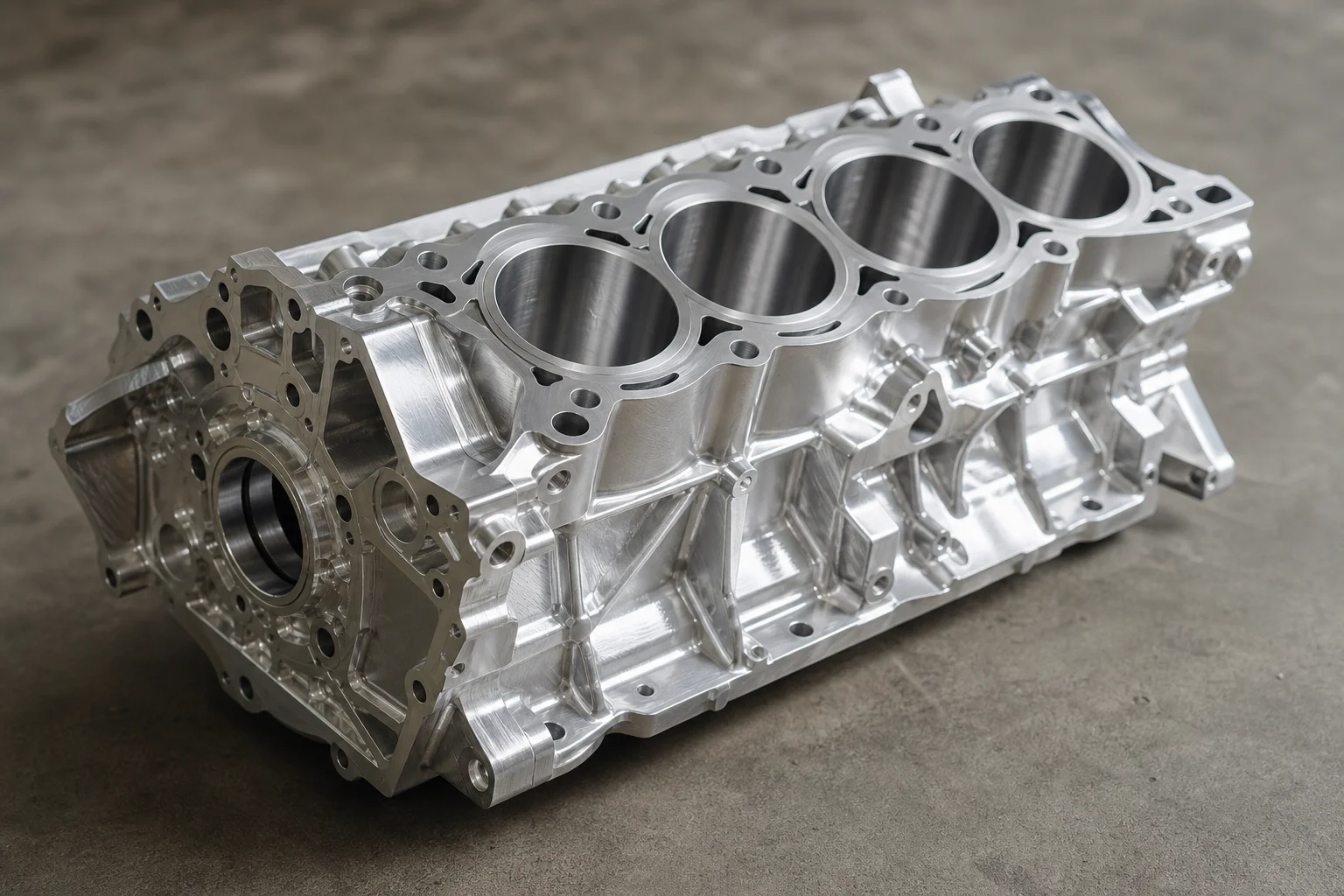 Close-up of engine block with visible cylinder bores and mounting features