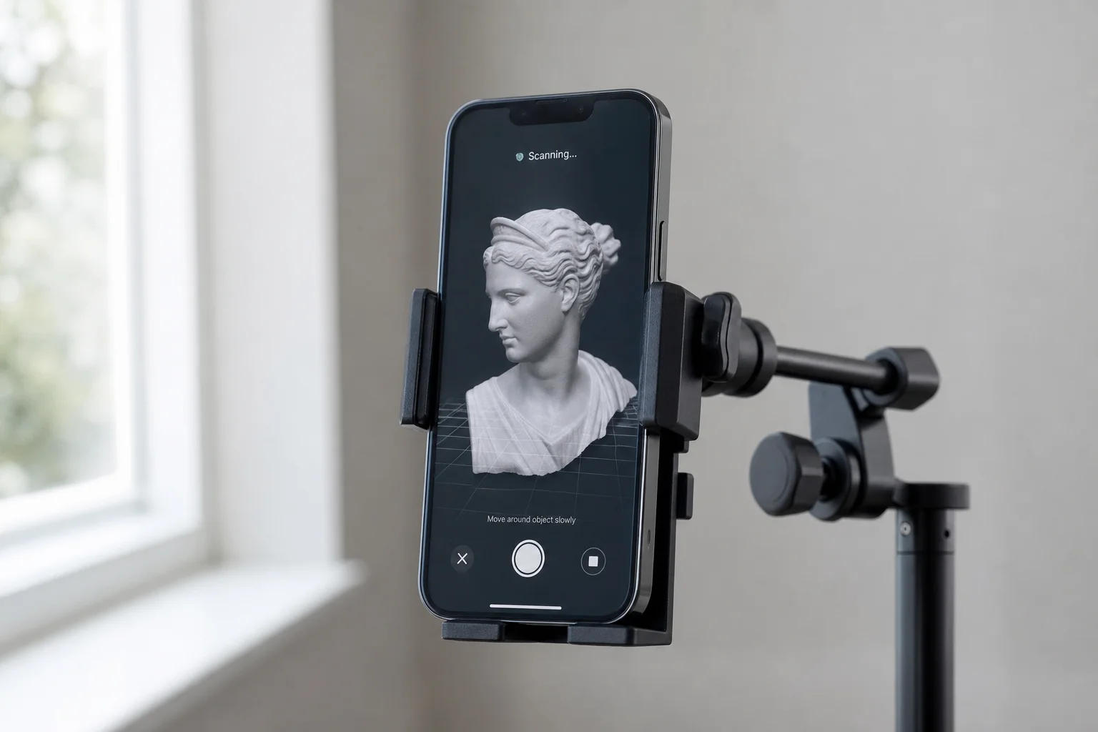 Smartphone mounted on a scanning rig with wireless connectivity indicator