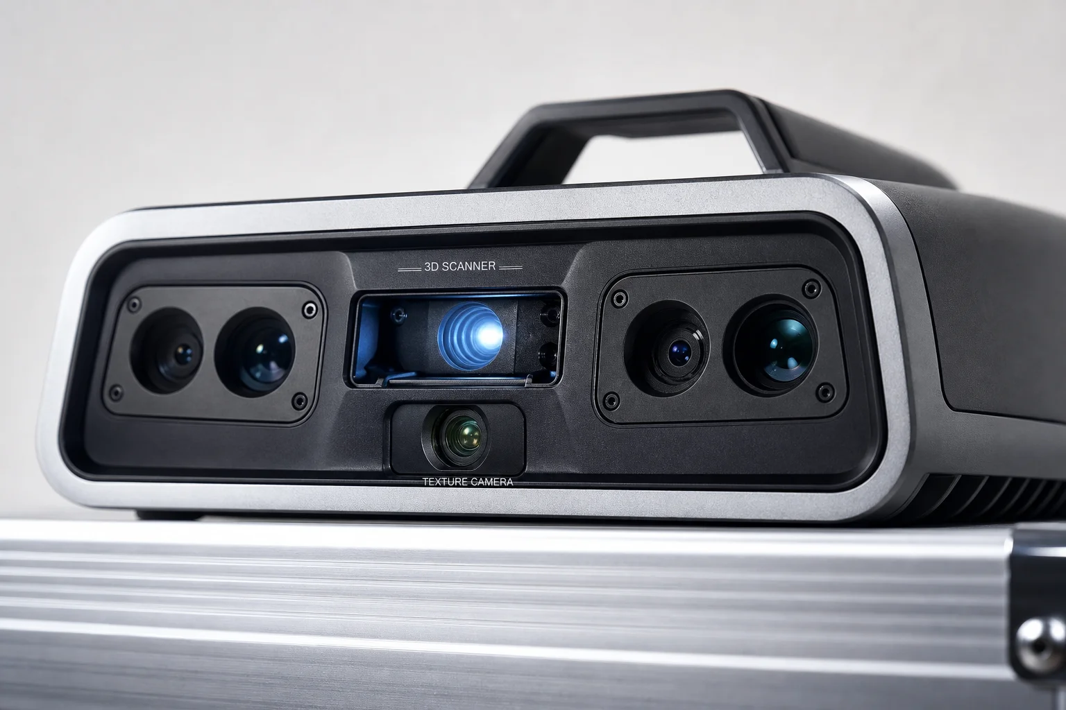 Dual-camera scanner head showing multiple lens arrays and color texture camera