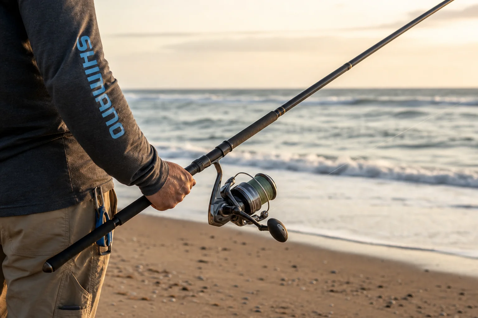 釣客在沙灘上拿著裝有 Shimano 捲線器的釣竿