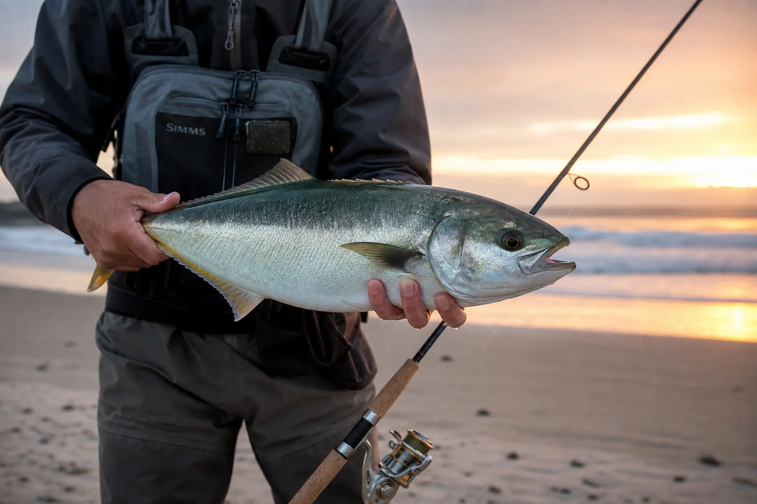 釣客在夕陽下的沙灘上展示剛釣獲的澳洲鮭魚
