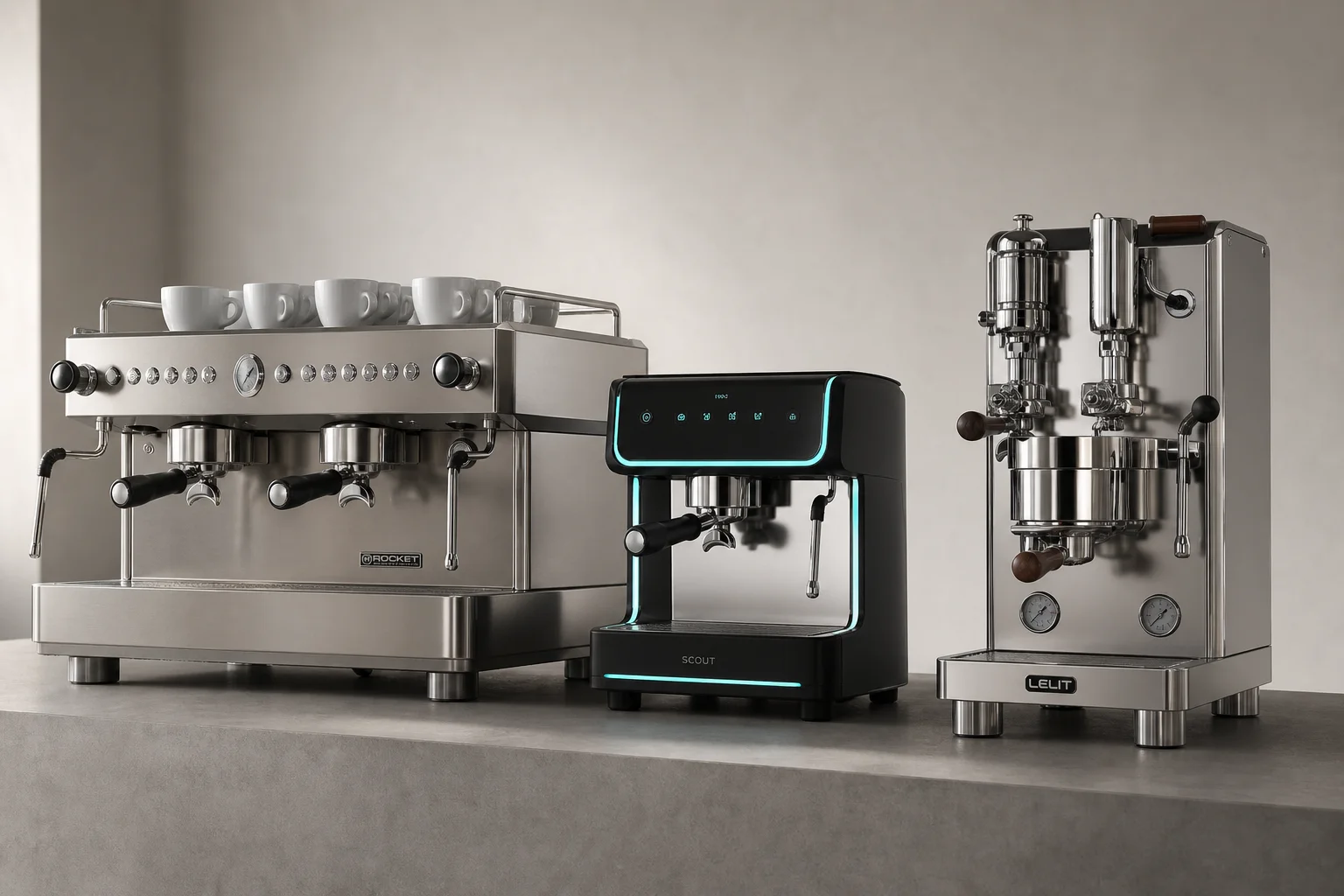 三台義式咖啡機：Rocket Boxer、Sanremo Zoe 和 Wega Polaris 放置在灰色檯面上