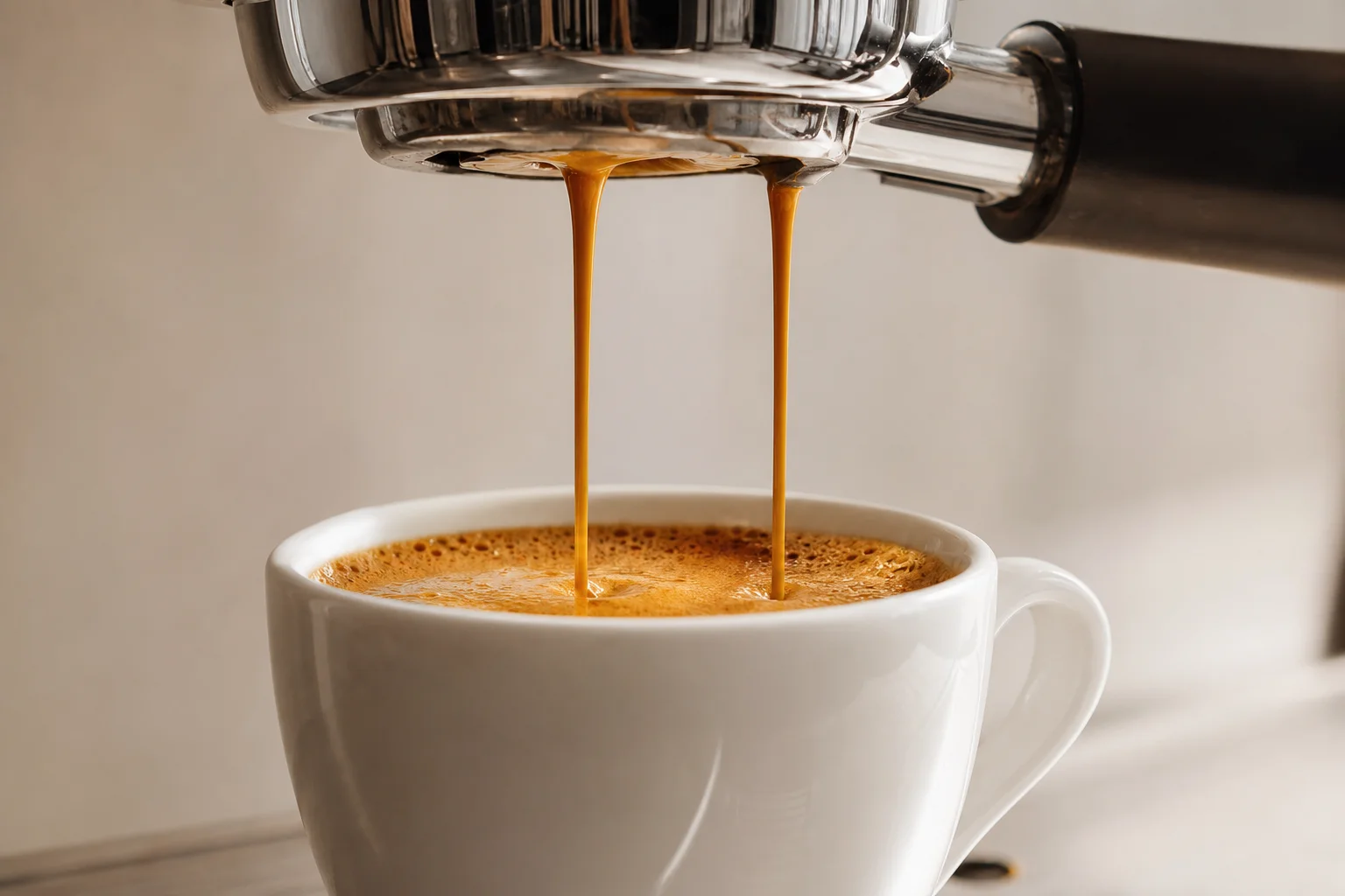 正在萃取 Espresso，杯中可見明顯的油脂（Crema）