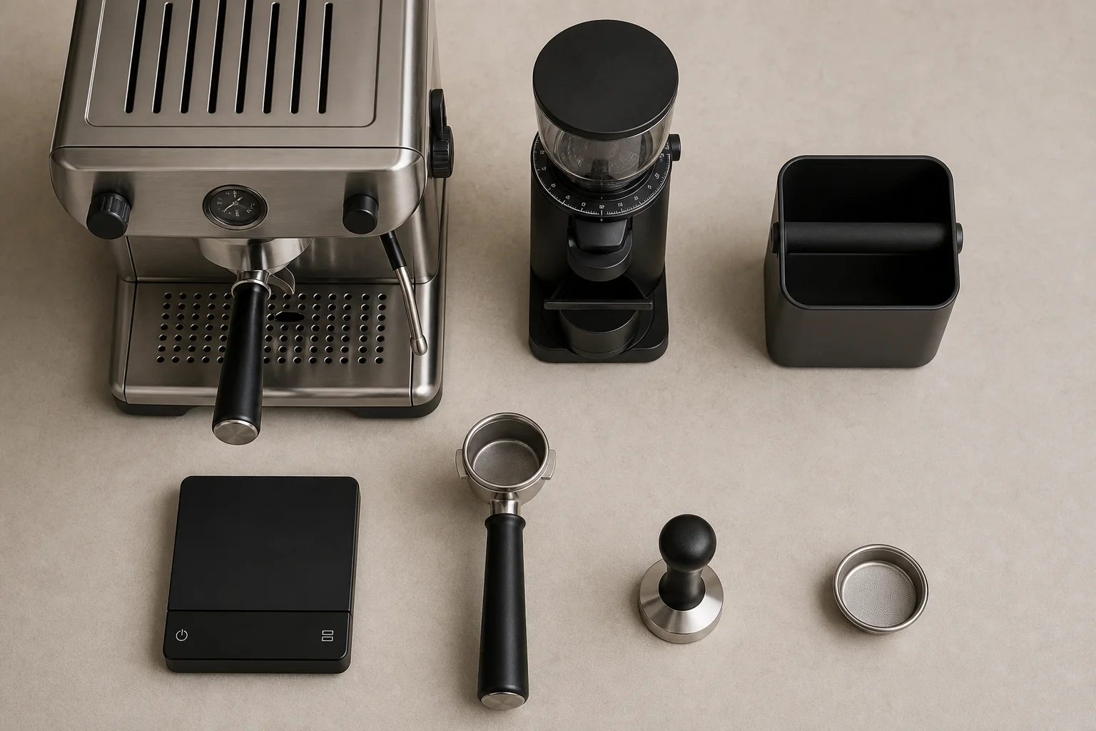 工作檯面上擺放完整的預算型 Espresso 設備與所有配件