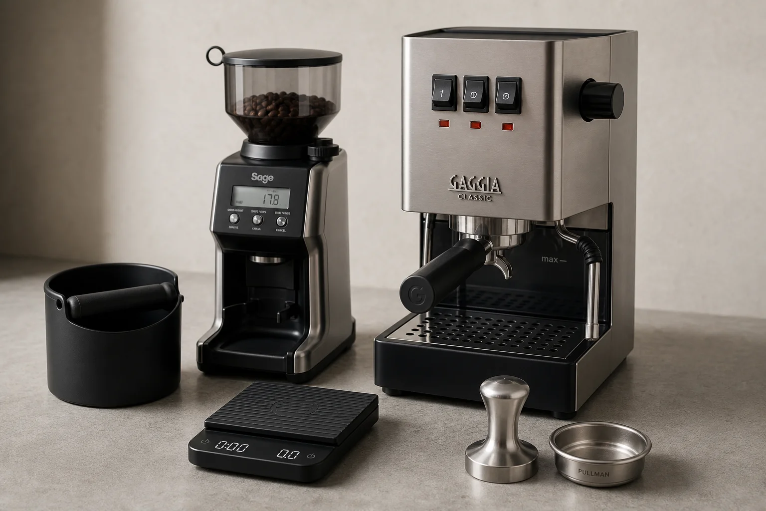 在水泥檯面上擺放完整的預算型 Espresso 設備，包括 Gaggia Classic、磨豆機、電子秤及各類配件