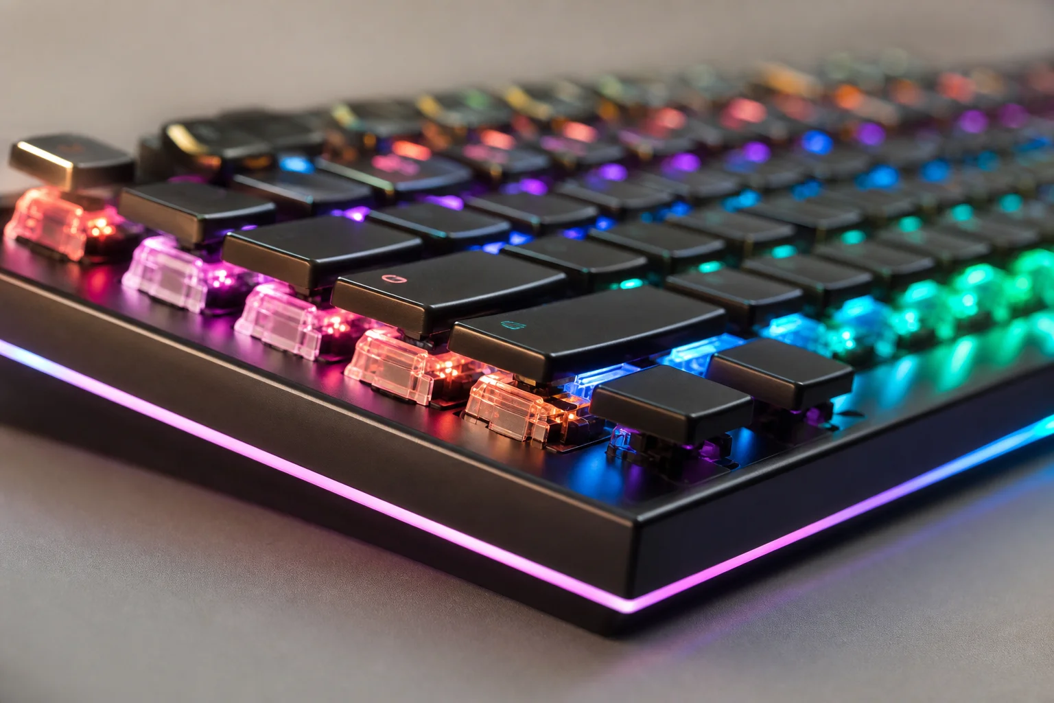 Close-up of gaming keyboard with RGB lighting effects illuminated