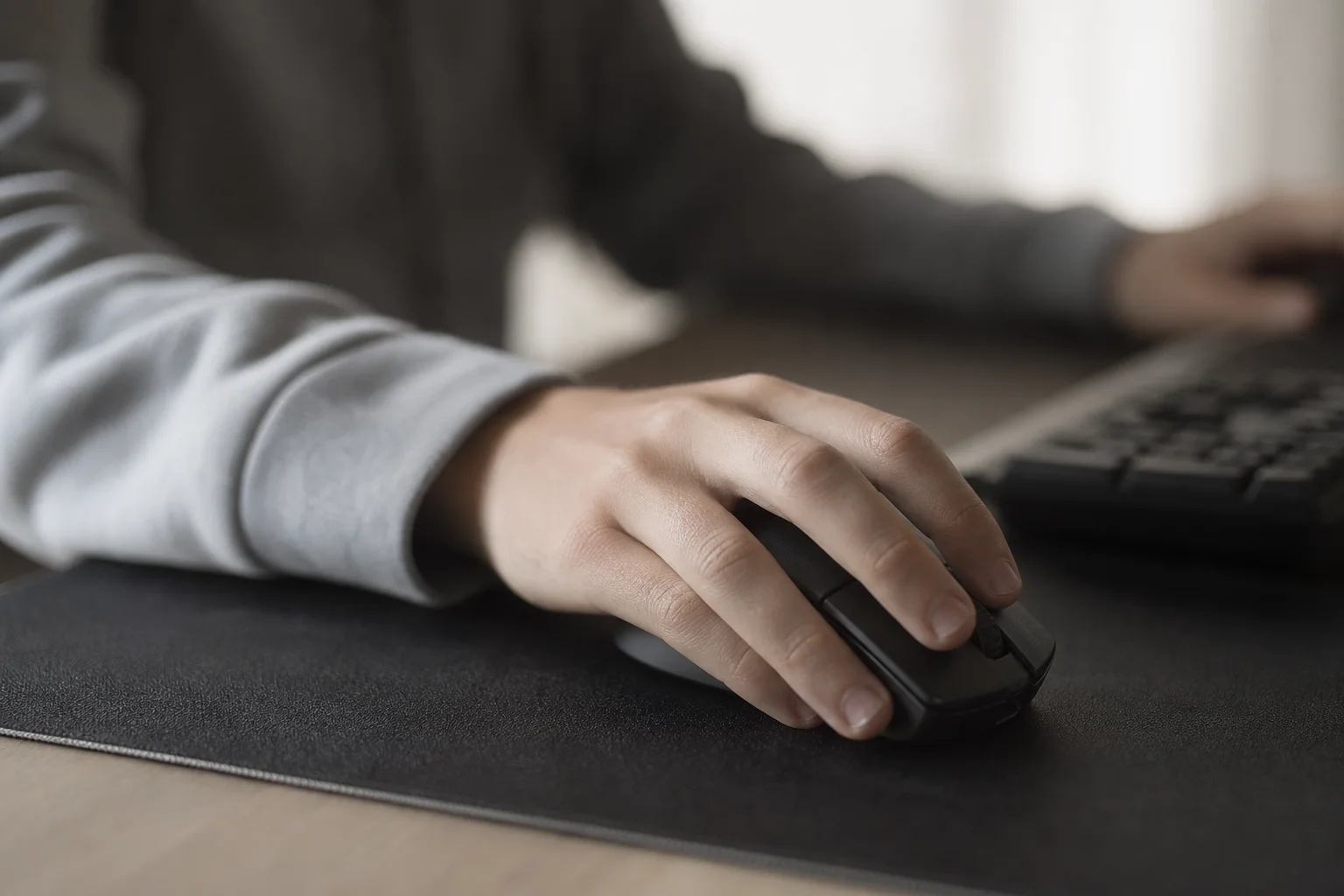Gamer's hand holding a gaming mouse over a mousepad during gameplay