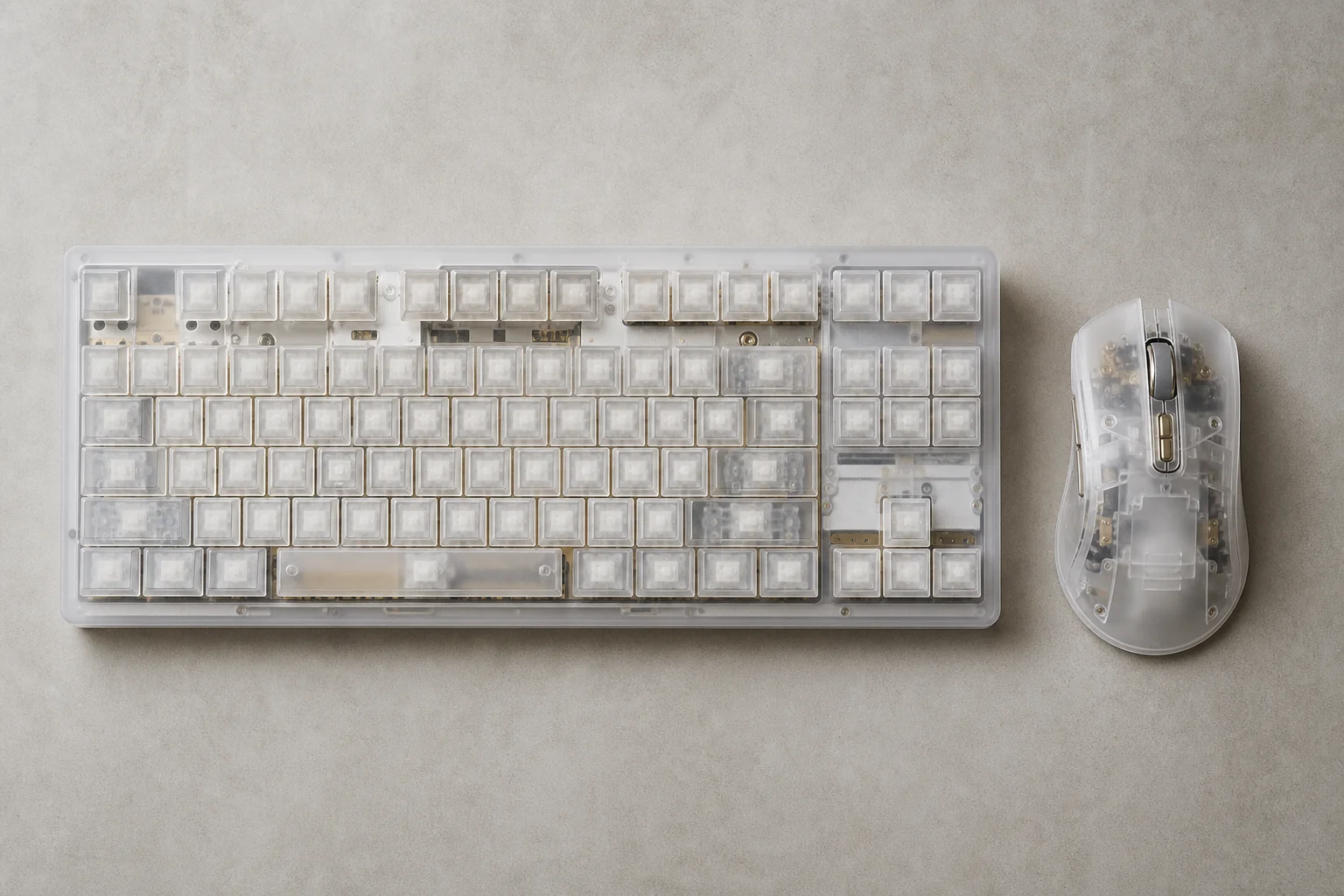 Translucent white gaming keyboard and mouse showing internal components