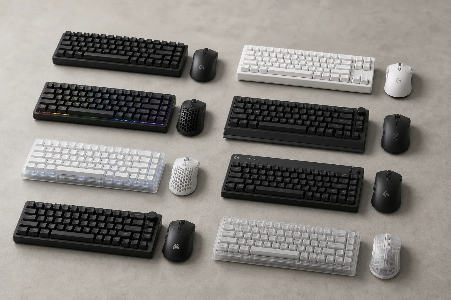 Eight gaming keyboard-mouse combos displayed on concrete surface showing various designs and colors