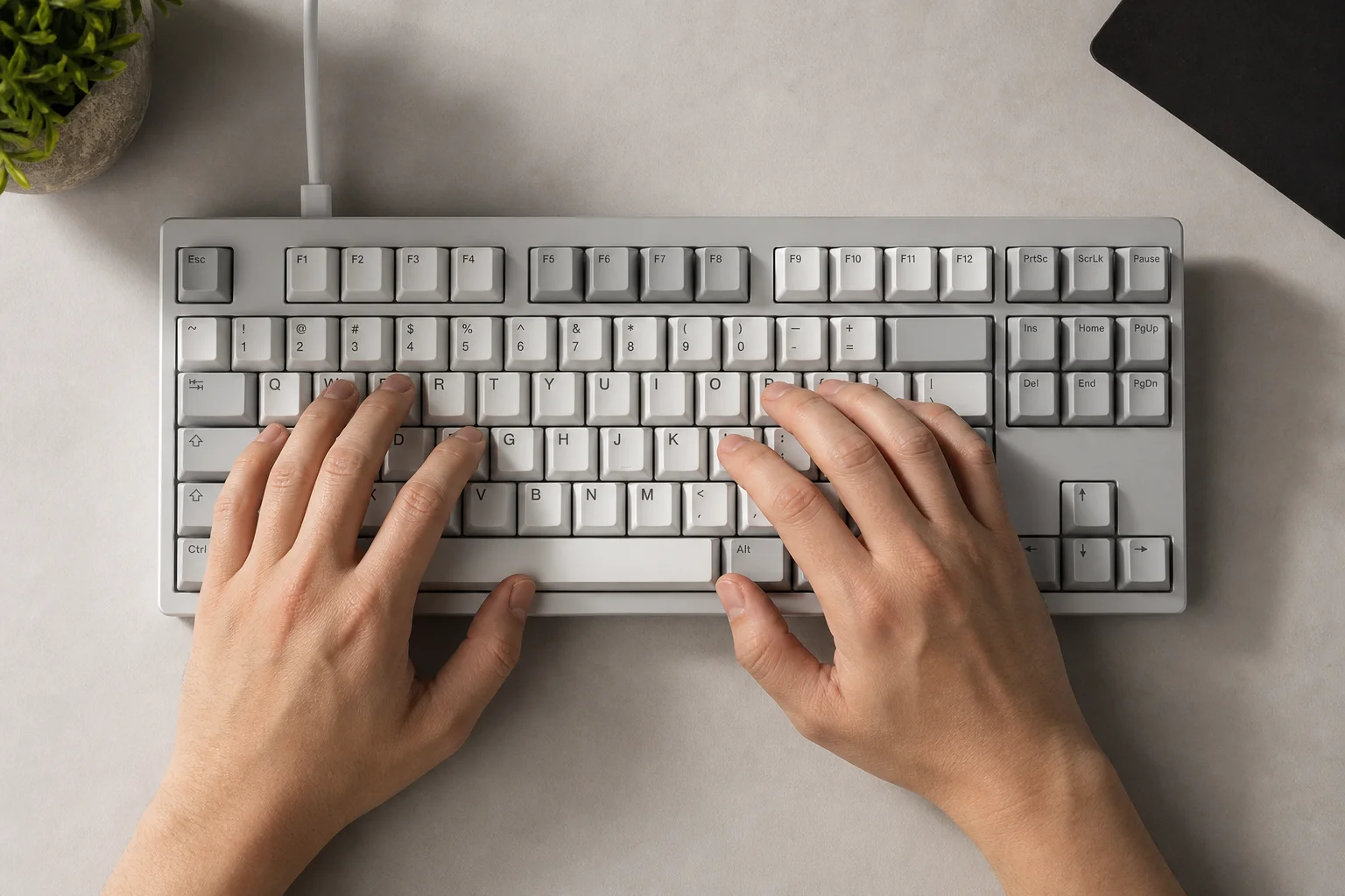 Gamer hands positioned on a mechanical keyboard during active use