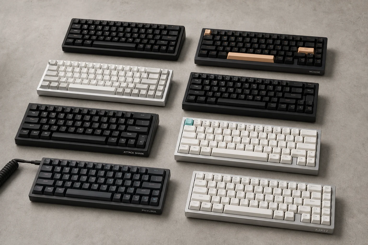 Eight budget and mid-range Hall Effect mechanical keyboards displayed on concrete surface