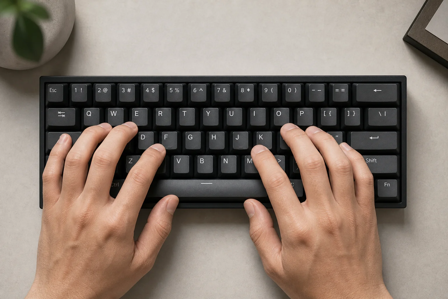 Gamer's hands positioned on compact keyboard during gameplay