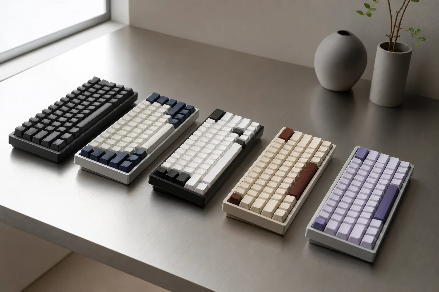 Multiple compact keyboards displayed side by side on desk
