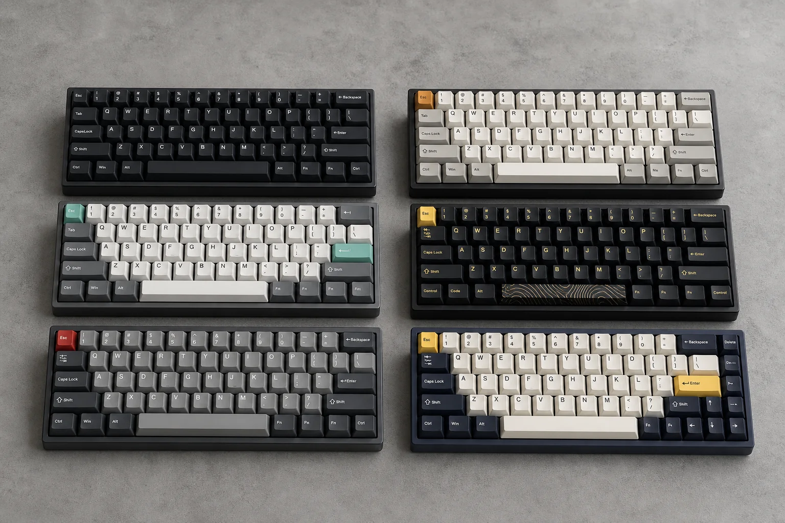 Six budget Hall Effect keyboards arranged on concrete surface