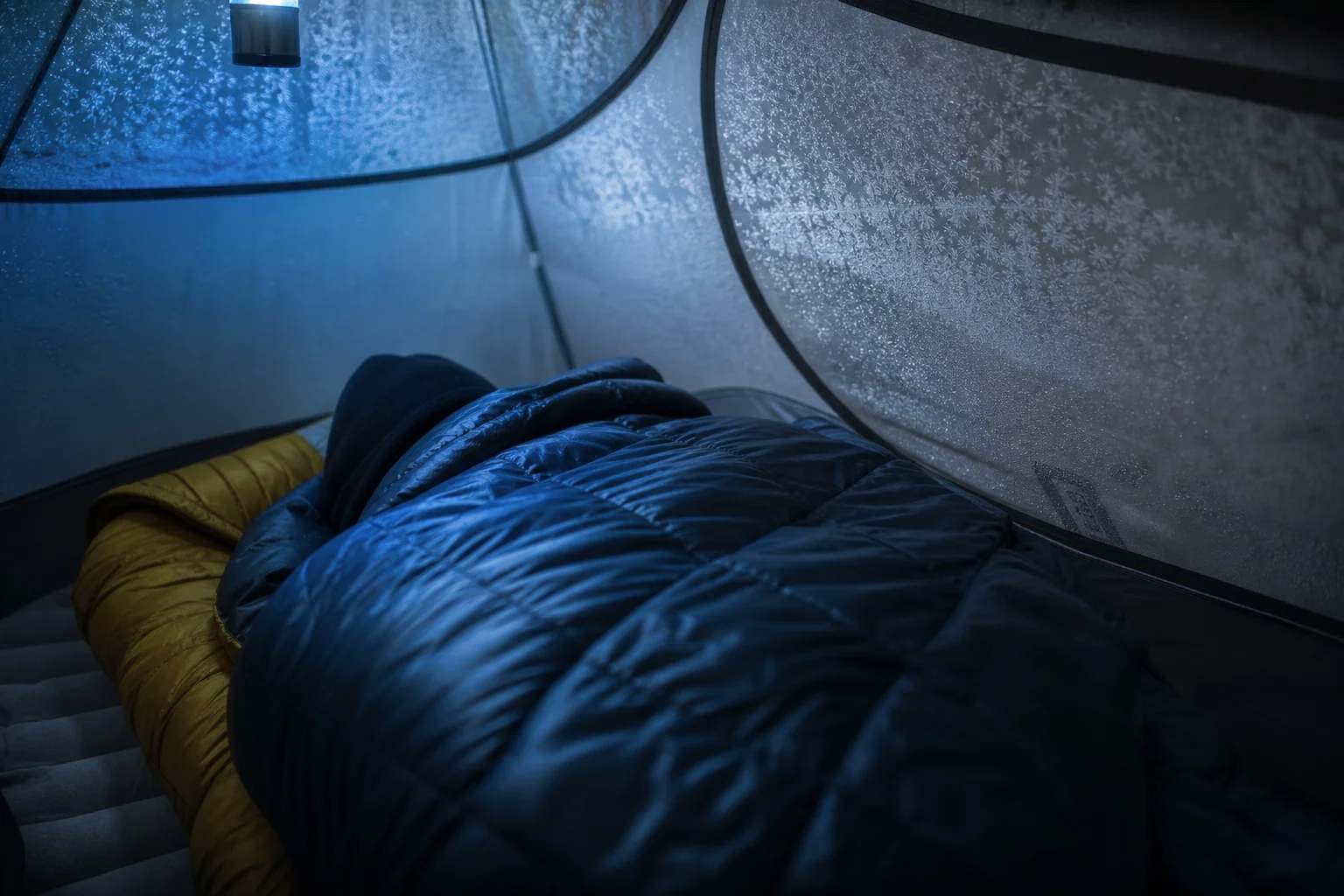 夜間帳篷內的露營者，可見多層睡眠系統，帳篷布料上有霜凍