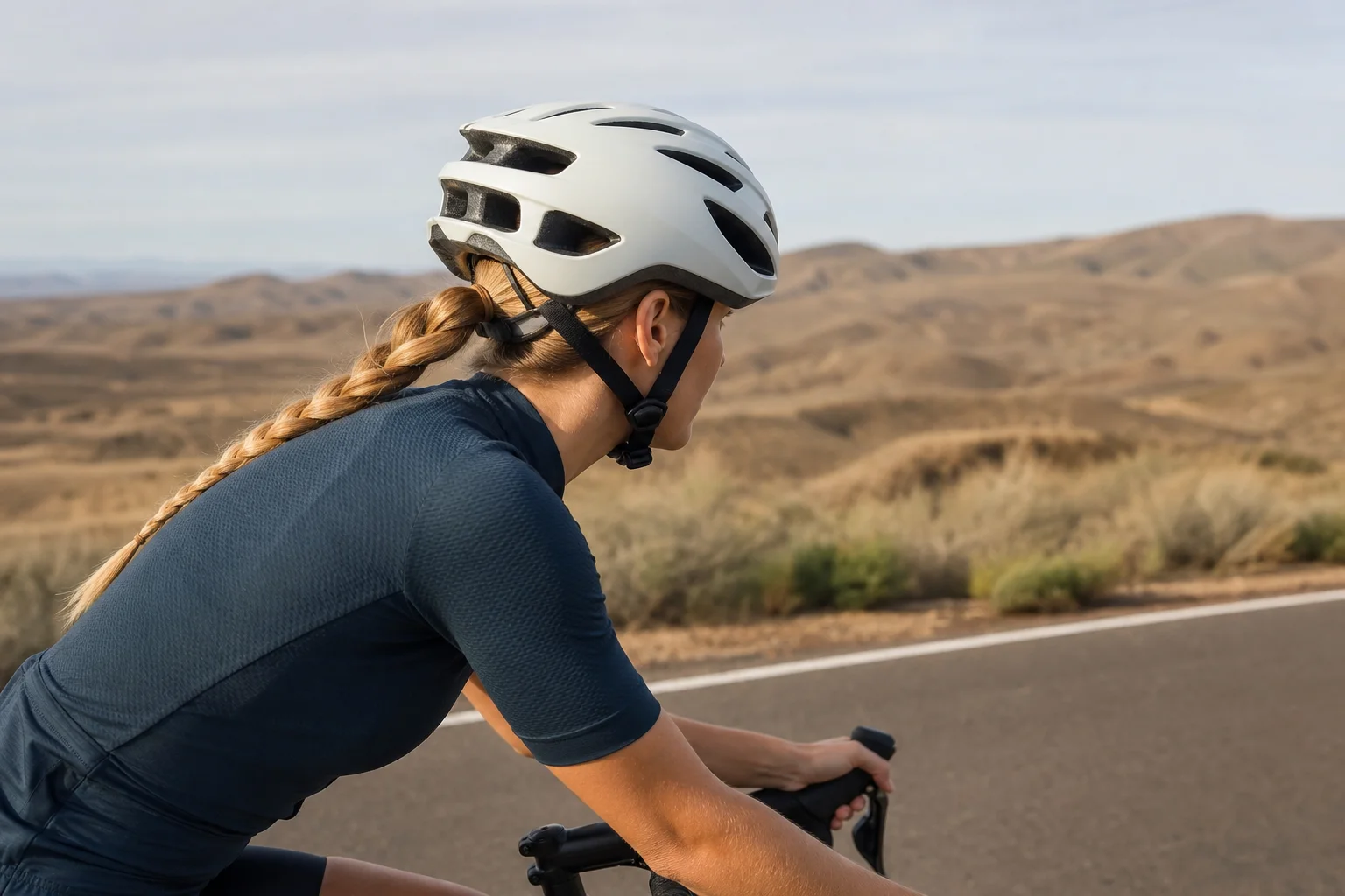 Cyclist wearing a helmet on a road bike during a sunny ride