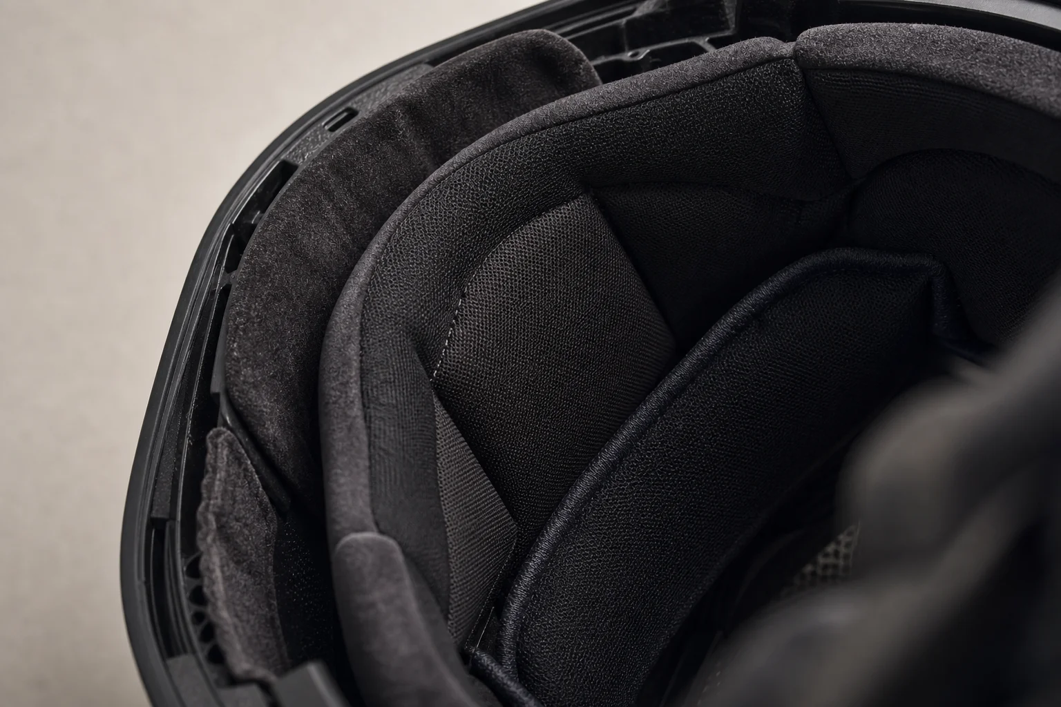 Close-up detail of helmet padding and interior construction