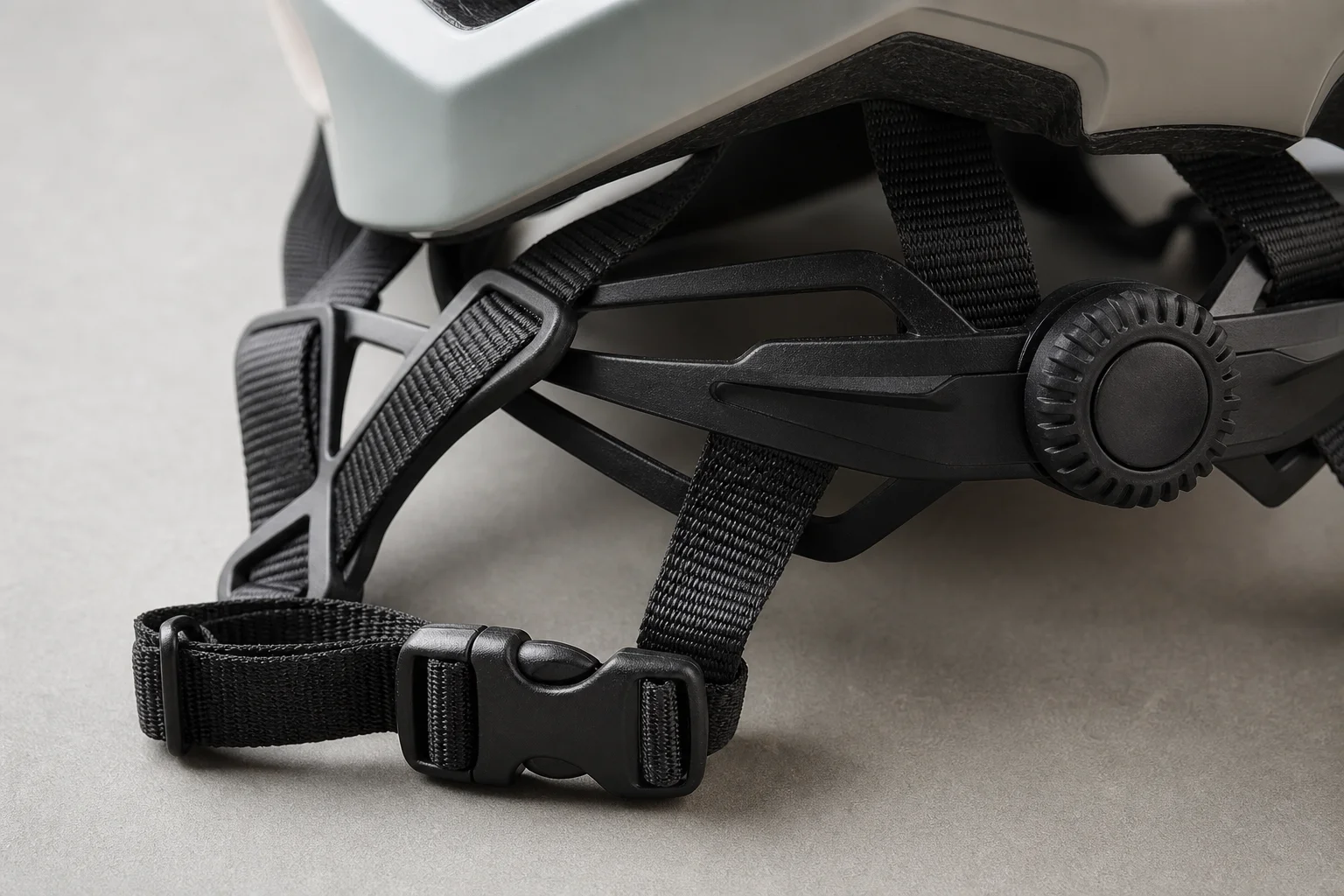 Detail shot of helmet chin strap and retention system