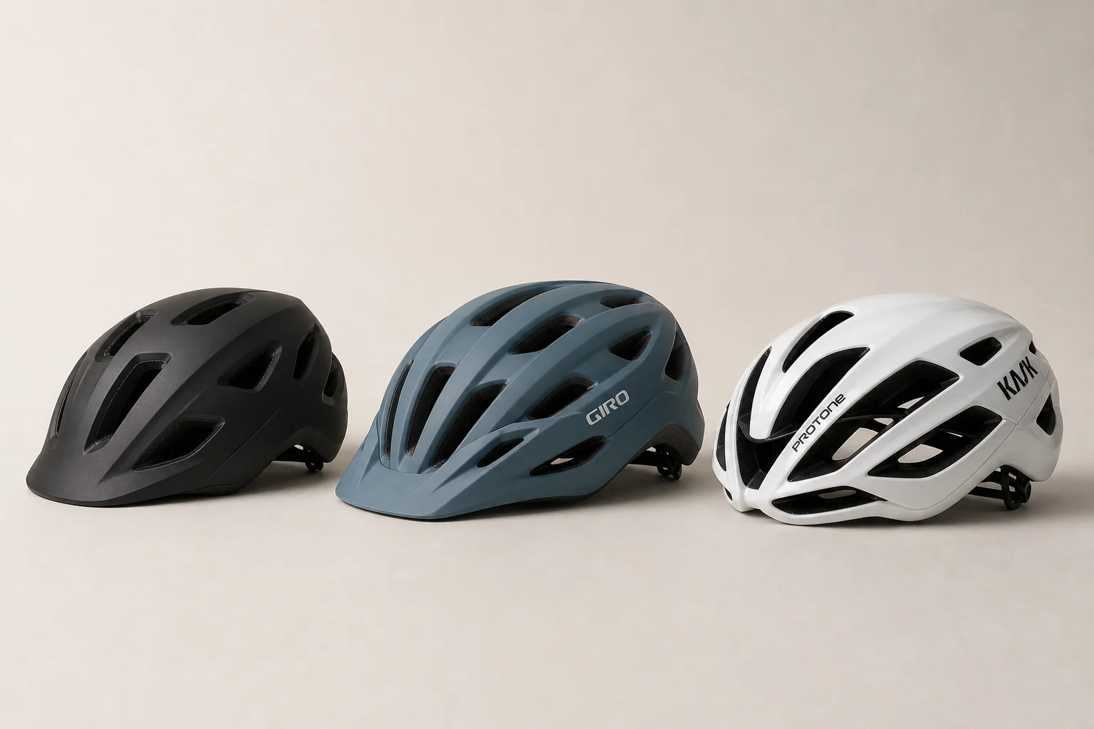 Three cycling helmets at different price points arranged side by side