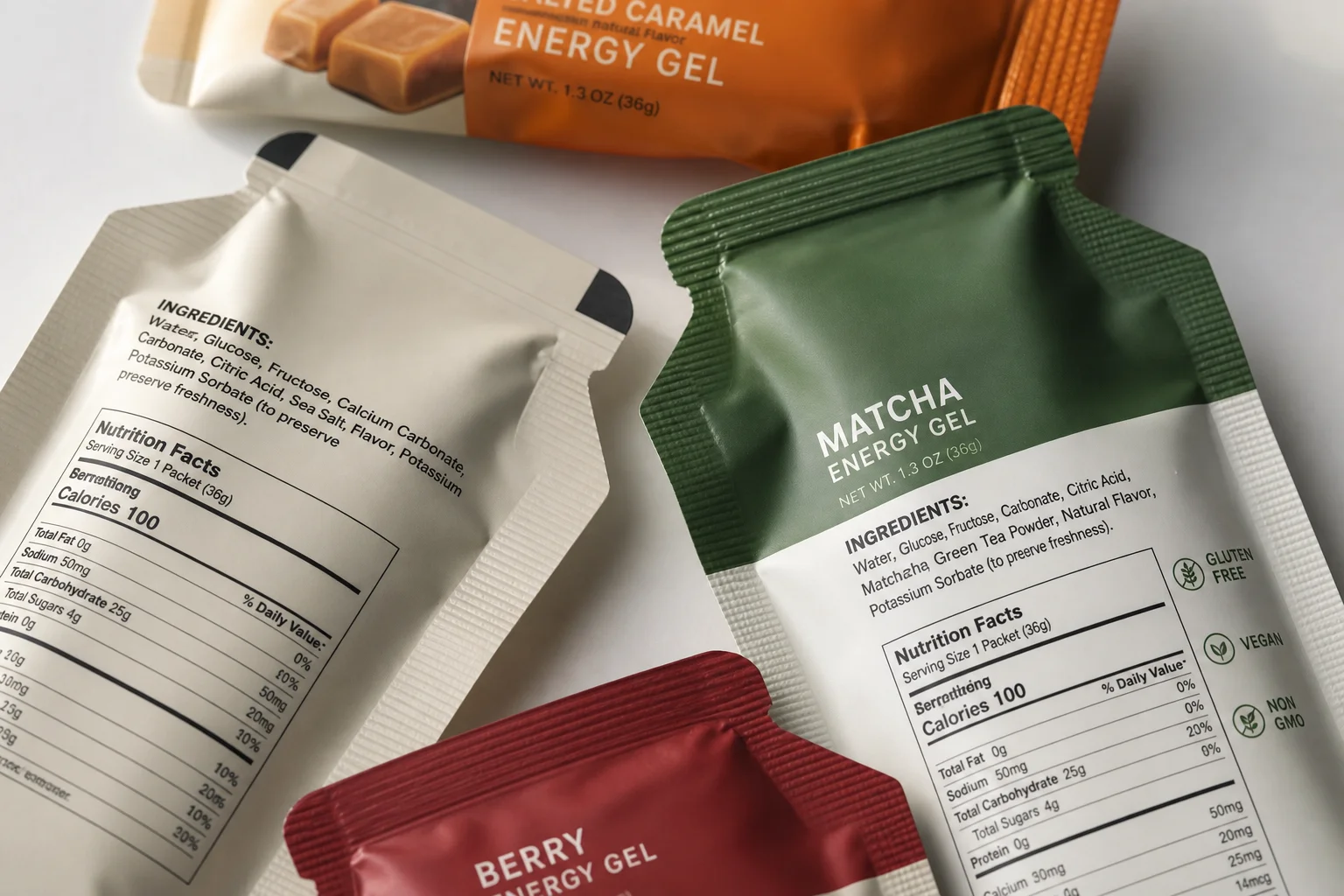 Close-up of energy gel ingredients and nutritional information on packaging