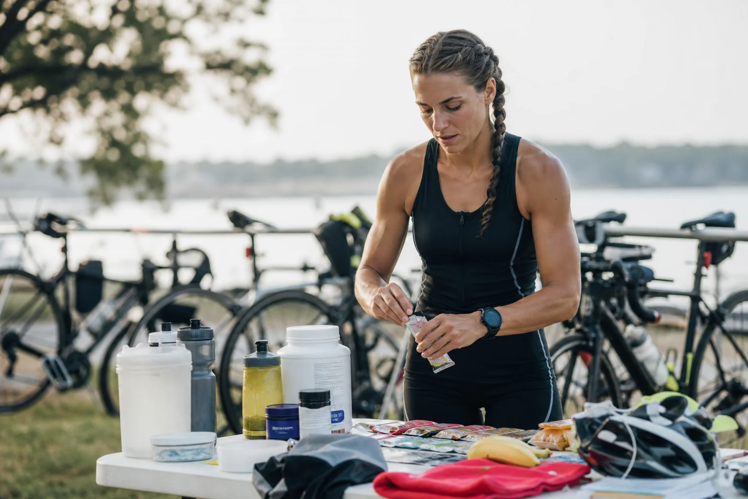 Triathlete transitioning between race segments with nutrition supplies