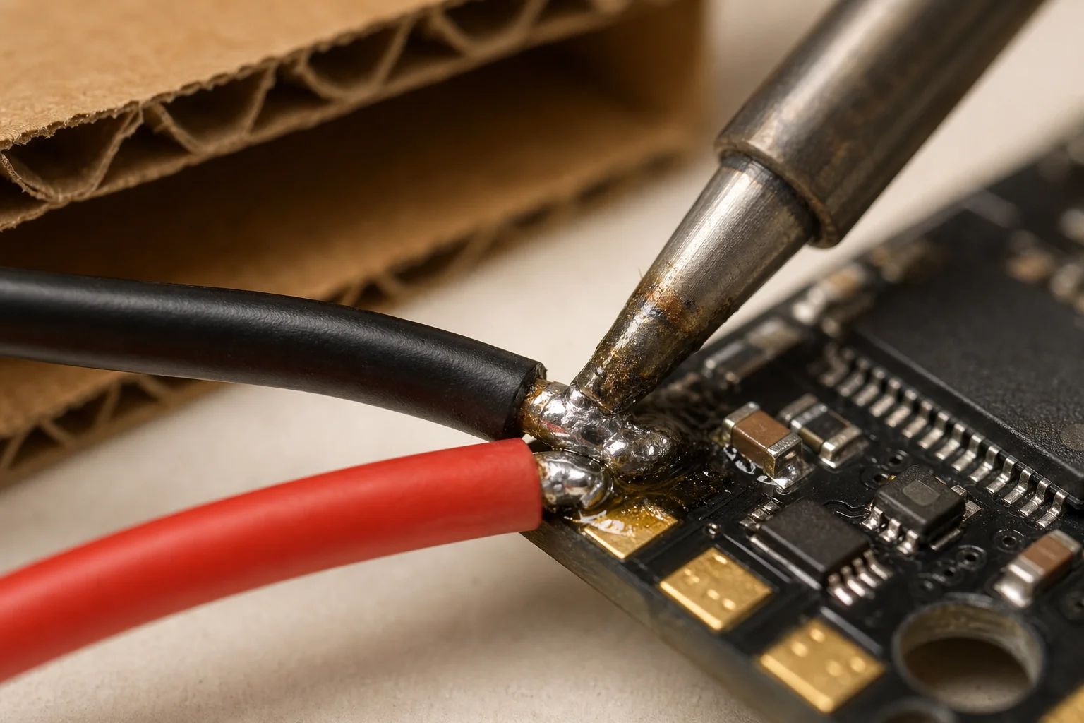 Close-up of soldering iron tip joining power wires to ESC pads with flux