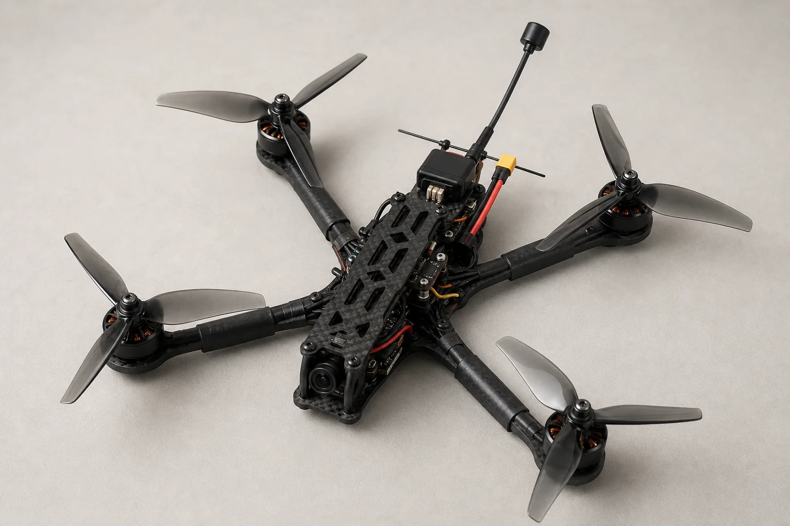 Completed 7-inch FPV drone with all components mounted and antenna extended
