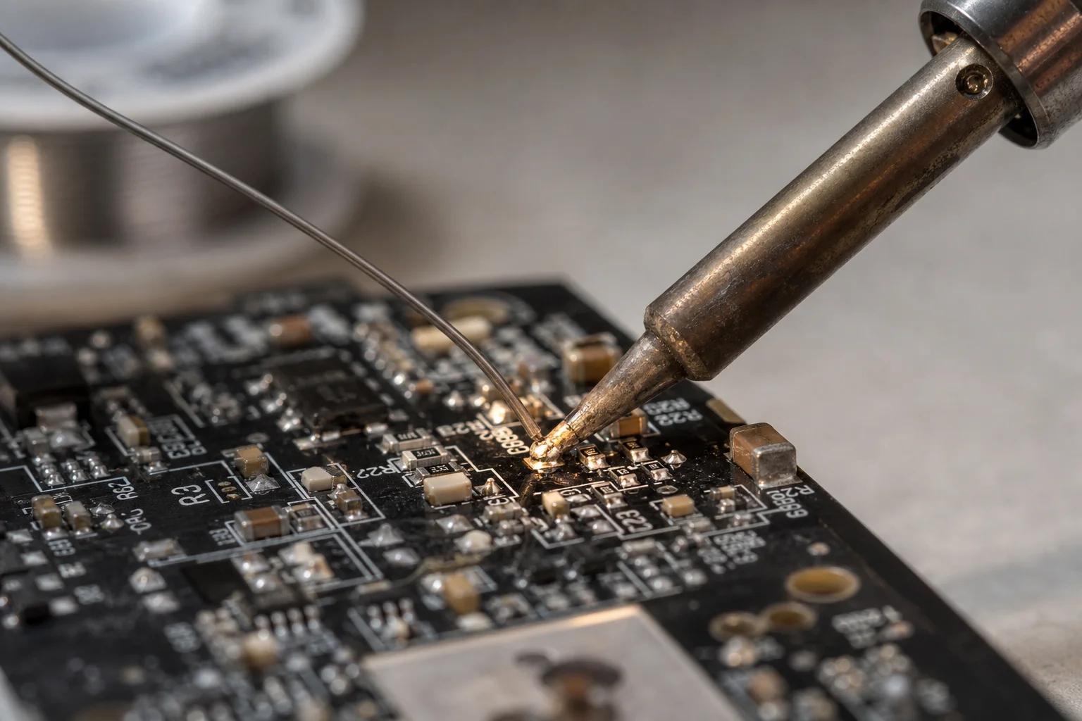 烙鐵正在將焊錫塗抹到 PCB 焊盤上，可見表面黏著元件