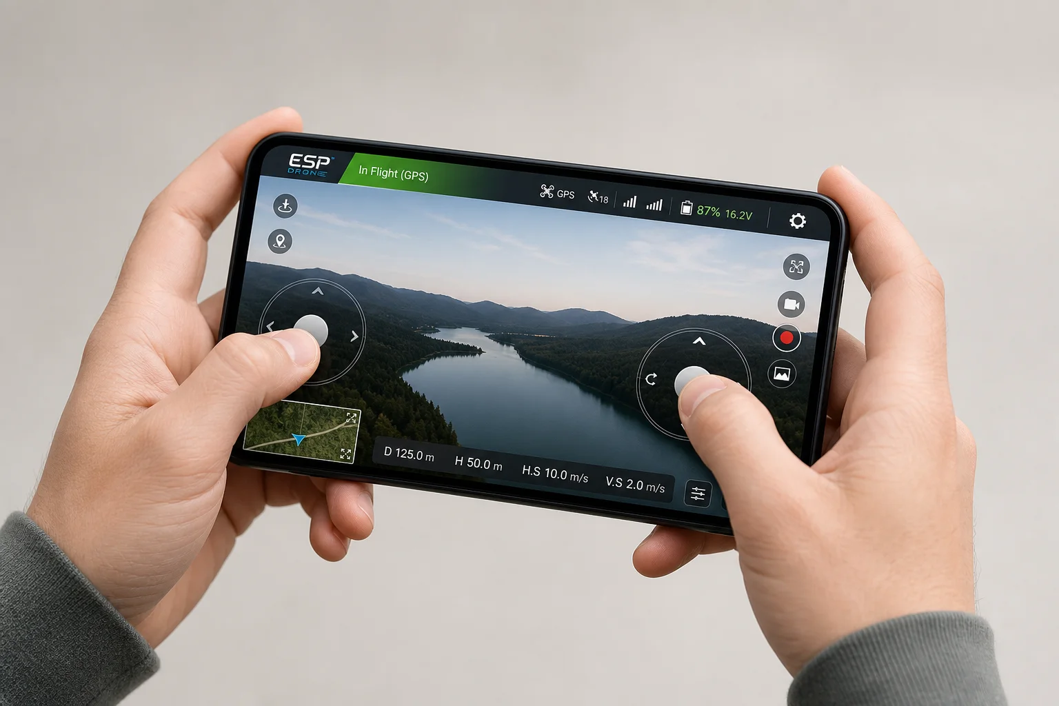 智慧型手機顯示 ESP Drone 應用程式的控制器介面，配有搖桿控制