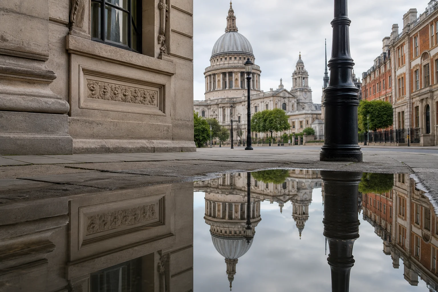 Street scene with sharp architectural details and reflections in puddle water