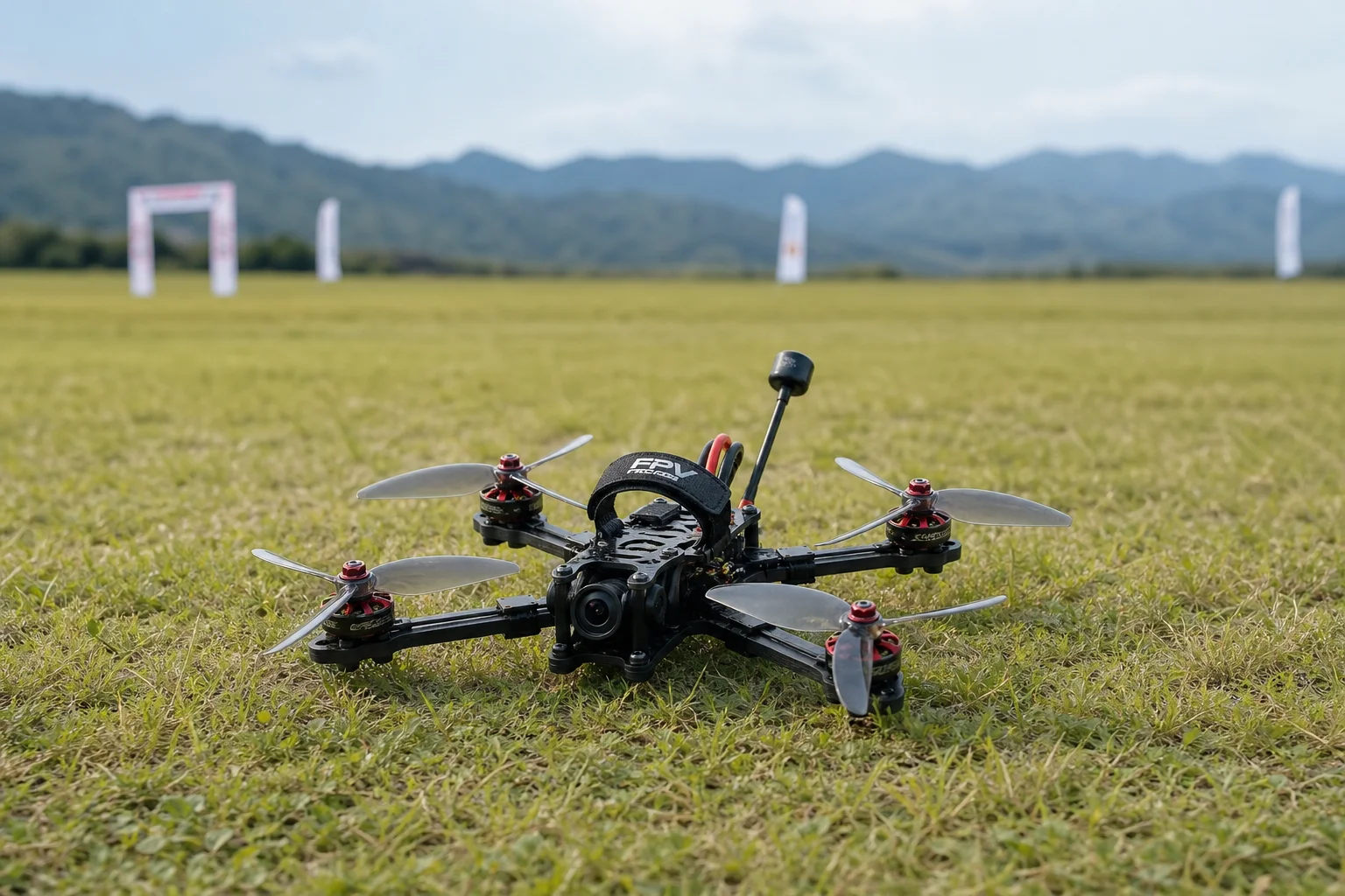 Drone FPV terminé, prêt pour son premier vol d'essai sur un terrain en herbe